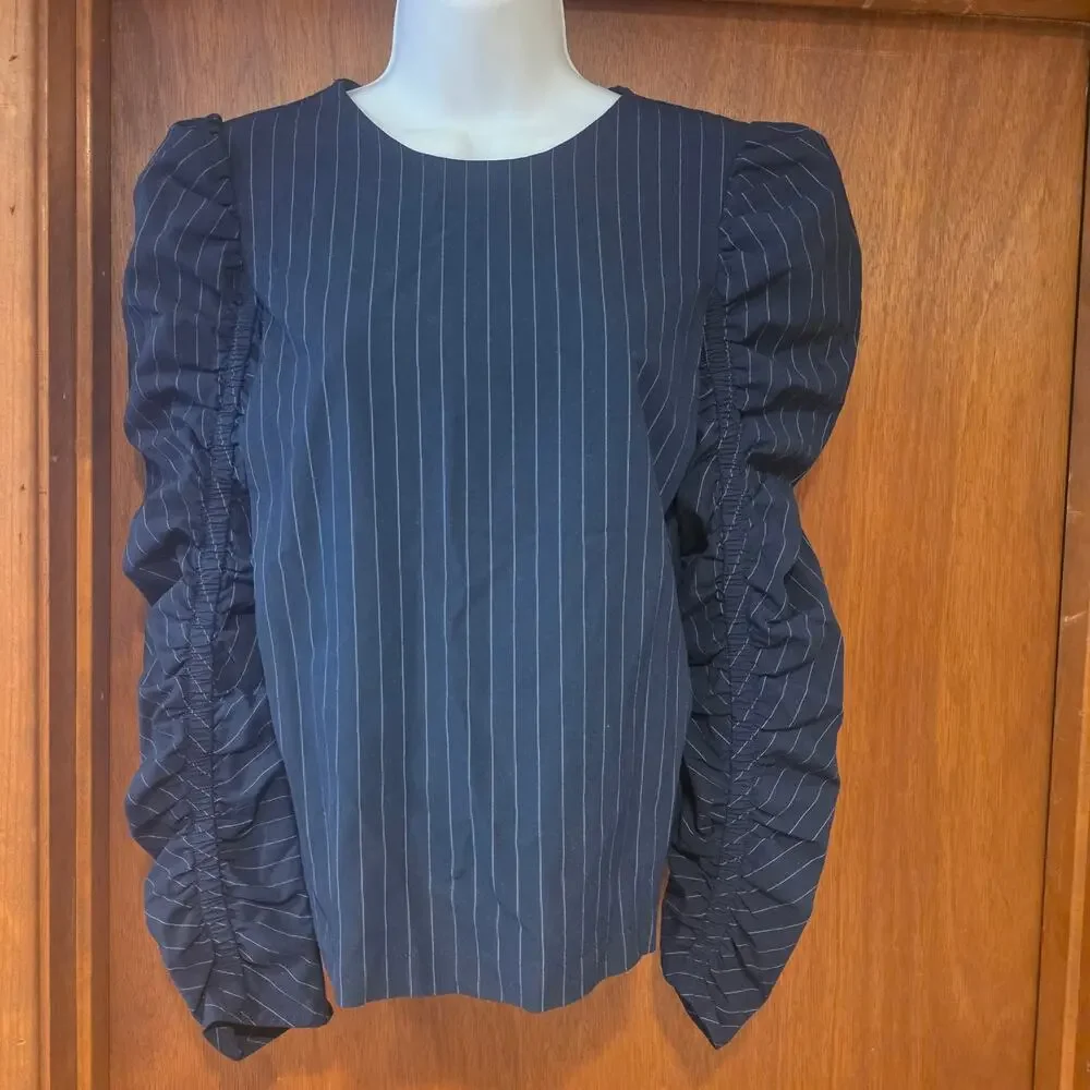 Zara Woman blue pinstripe ruched puff sleeve blouse sz XS